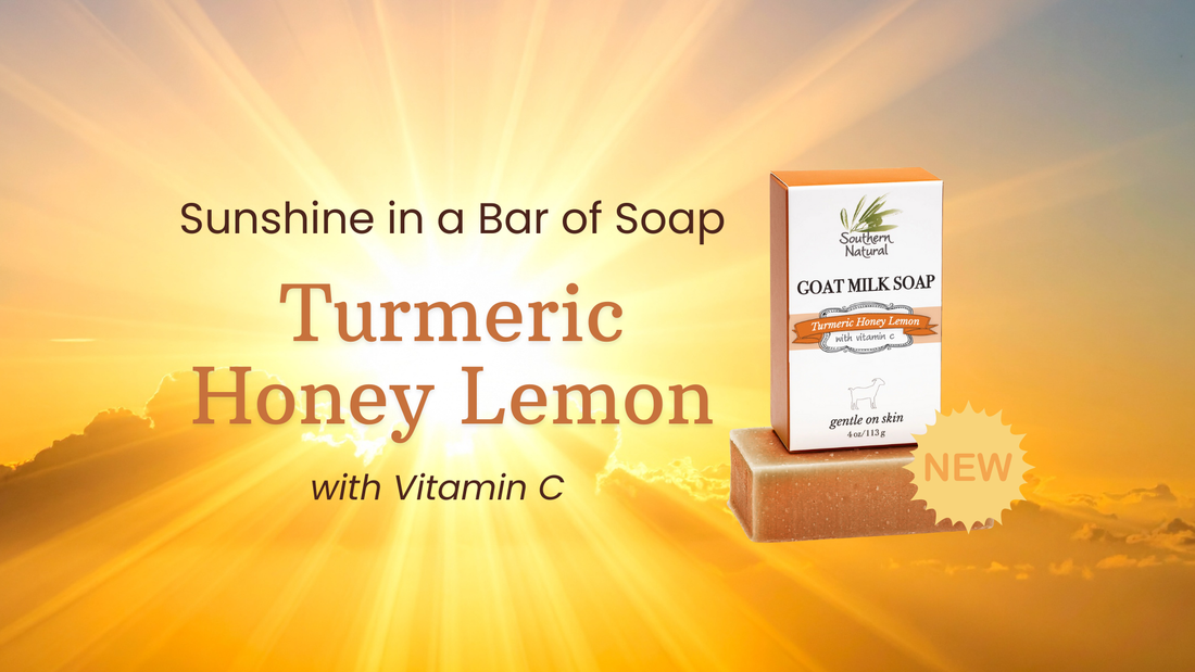Southern Natural Turmeric Honey Lemon Goat Milk Soap with Vitamin C — bright golden sunrise background and product image labeled NEW