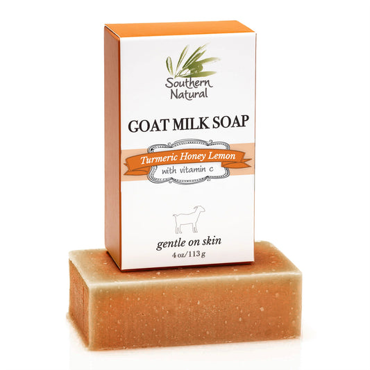 Bar of Turmeric Honey Lemon goat milk soap with packaging labeled 'Southern Natural' on a white background