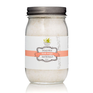A container of Pink Sugar Therapy Dead Sea Bath Salt from Southern Natural